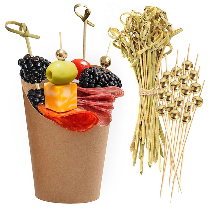 14oz Charcuterie Cup(50pcs) & Black Bamboo Sticks With Knot (100pcs) & Bamboo Stick With Gold Ball (100pcs)